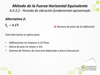 Método de la Fuerza Horizontal Equivalente
A.4.2.2 - Periodo de vibración fundamental aproximado
Alternativa 2:
N: Numero de pisos de la edificación
Esta alternativa se aplica para:
• Edificaciones no mayores a 12 Pisos
• Altura de piso no mayor a 3m.
• Sistema de Pórticos de Concreto Reforzado o Acero Estructural.
 