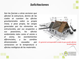Son las fuerzas u otras acciones que
afectan la estructura, dentro de las
cuales se cuentan: los efectos
gravitacionales sobre su propia
masa, o peso propio, las cargas
generadas por los elementos no
estructurales, por sus ocupantes y
sus posesiones, los efectos
ambientales tales como el viento o
el sismo, los asentamientos
diferenciales, y los cambios
dimensionales causados por
variaciones en la temperatura o
efectos reológicos de los materiales.
Solicitaciones
En general corresponden a todo lo que puede afectar
la estructura.
 
