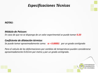 NOTAS:
Módulo de Poisson:
En caso de que no se disponga de un valor experimental se puede tomar 0.20
Coeficiente de dilatación térmica:
Se puede tomar aproximadamente como: α = 0.00001 por un grado centígrado
Para el calculo de las deformaciones por cambios de temperatura pueden considerarse
aproximadamente 0.01mm por metro y por un grado centígrado.
Especificaciones Técnicas
 
