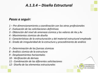 A.1.3.4 – Diseño Estructural
1 – Pre-dimensionamiento y coordinación con los otros profesionales
2 - Evaluación de las solicitaciones definitivas
3 - Obtención del nivel de amenaza sísmica y los valores de Aa y Av
4 - Movimientos sísmicos de diseño
5 - Características de la estructuración y del material estructural empleado
6 - Grado de irregularidad de la estructura y procedimiento de análisis
Pasos a seguir:
7 - Determinación de las fuerzas sísmicas
8 - Análisis sísmico de la estructura
9 - Desplazamientos horizontales
10 - Verificación de derivas
11 - Combinación de las diferentes solicitaciones
12 - Diseño de los elementos estructurales
 