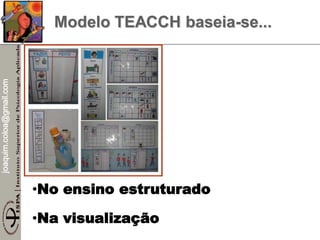 joaquim.coloa@gmail.com
Modelo TEACCH baseia-se...
•No ensino estruturado
•Na visualização
 