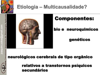 joaquim.coloa@gmail.com
Etiologia – Multicausalidade?
Componentes:
genéticos
neurológicos cerebrais de tipo orgânico
relativos a transtornos psíquicos
secundários
bio e neuroquimicos
 