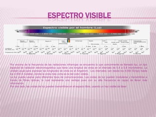 Espectro visiblePor encima de la frecuencia de las radiaciones infrarrojas se encuentra lo que comúnmente es llamado luz, un tipo especial de radiación electromagnética que tiene una longitud de onda en el intervalo de 0,4 a 0,8 micrómetros. La unidad usual para expresar las longitudes de onda es el Angstrom. Los intervalos van desde los 8.000 Å(rojo) hasta los 4.000 Å (violeta), donde la onda más corta es la del color violeta.La luz puede usarse para diferentes tipos de comunicaciones. Las ondas de luz pueden modularse y transmitirse a través de fibras ópticas, lo cual representa una ventaja pues con su alta frecuencia es capaz de llevar más información.Por otro lado, las ondas de luz pueden transmitirse en el espacio libre, usando un haz visible de láser