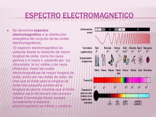 ESPECTRO ELECTROMAGNETICO Se denomina espectro electromagnético a la distribución energética del conjunto de las ondas  electromagnéticas.        El espectro electromagnético se extiende desde la radiación de menor longitud de onda, como los rayos gamma y lo rayos x, pasando por  luz ultravioleta, la luz visible y los rayos infrarrojos, hasta las ondas electromagnéticas de mayor longitud de onda, como son las ondas de radio. Se cree que el límite para la longitud de onda más pequeña posible es la longitud de planck mientras que el límite máximo sería del tamaño del universo (véase Cosmología física) aunque formalmente el espectro electromagnético es infinito y continuo 