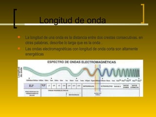 Longitud de onda
   La longitud de una onda es la distancia entre dos crestas consecutivas, en
    otras palabras, describe lo larga que es la onda .
   Las ondas electromagnéticas con longitud de onda corta son altamente
    energéticas
 