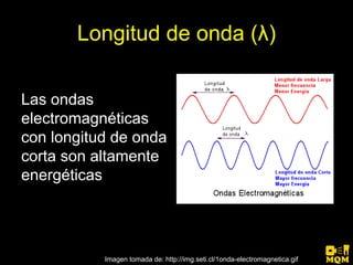 Longitud de onda (λ)

Las ondas
electromagnéticas
con longitud de onda
corta son altamente
energéticas




           Imagen tomada de: http://img.seti.cl/1onda-electromagnetica.gif
 