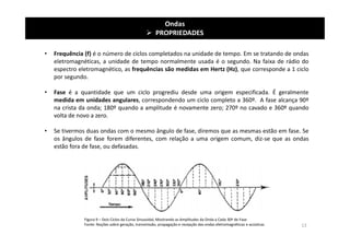 Figura 9 – Dois Ciclos da Curva Sinusoidal, Mostrando as Amplitudes da Onda a Cada 30º de Fase
Fonte: Noções sobre geração, transmissão, propagação e recepção das ondas eletromagnéticas e acústicas
Ondas
 PROPRIEDADES
• Frequência (f) é o número de ciclos completados na unidade de tempo. Em se tratando de ondas
eletromagnéticas, a unidade de tempo normalmente usada é o segundo. Na faixa de rádio do
espectro eletromagnético, as frequências são medidas em Hertz (Hz), que corresponde a 1 ciclo
por segundo.
• Fase é a quantidade que um ciclo progrediu desde uma origem especificada. É geralmente
medida em unidades angulares, correspondendo um ciclo completo a 360º. A fase alcança 90º
na crista da onda; 180º quando a amplitude é novamente zero; 270º no cavado e 360º quando
volta de novo a zero.
• Se tivermos duas ondas com o mesmo ângulo de fase, diremos que as mesmas estão em fase. Se
os ângulos de fase forem diferentes, com relação a uma origem comum, diz-se que as ondas
estão fora de fase, ou defasadas.
13
 