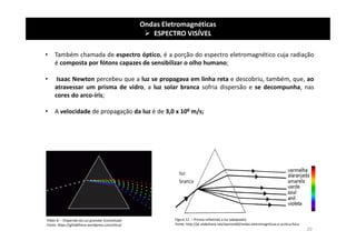 Ondas Eletromagnéticas
 ESPECTRO VISÍVEL
• Também chamada de espectro óptico, é a porção do espectro eletromagnético cuja radiação
é composta por fótons capazes de sensibilizar o olho humano;
• Isaac Newton percebeu que a luz se propagava em linha reta e descobriu, também, que, ao
atravessar um prisma de vidro, a luz solar branca sofria dispersão e se decompunha, nas
cores do arco-íris;
• A velocidade de propagação da luz é de 3,0 x 108 m/s;
Figura 12 – Prisma refletindo a luz (adaptado)
Fonte: http://pt.slideshare.net/skarson60/ondas-eletromagnticas-e-acstica-fsica
Vídeo 8 – Dispersão da Luz granular (conceitual)
Fonte: https://gifsdefisica.wordpress.com/otica/
20
 