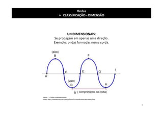 UNIDIMENSIONAIS:
Se propagam em apenas uma direção.
Exemplo: ondas formadas numa corda.
Ondas
 CLASSIFICAÇÃO - DIMENSÃO
Figura 1 – Ondas unidimensionais
Fonte: http://brasilescola.uol.com.br/fisica/a-classificacao-das-ondas.htm
4
 