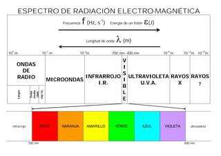 ESPECTRO DE RADIACIÓN ELECTRO-MAGNÉTICA
                                    Frecuencia   f (Hz, s   -1
                                                             )   Energía de un fotón   (J)
                                                  Longitud de onda    (m)
107 m                    10-1 m               10-3m               700 nm- 400 nm              10-9 m    10-12m 10-13m

                                                     V
     ONDAS
                                                     I
      DE
                                                     S
     RADIO                                 INFRARROJO ULTRAVIOLETA RAYOS RAYOS
                                MICROONDAS           I
                                               I.R.       U.V.A.     X     
                                                     B
     Largas




                                                     L
                        FM-TV
                media
                Onda

                (AM)




                                                     E




  infrarrojo            ROJO        NARANJA        AMARILLO          VERDE             AZUL   VIOLETA      ultravioleta




               700 nm                                                                                   400 nm
 