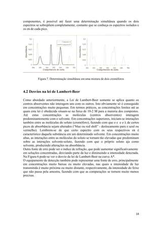 componentes, é possível até fazer uma determinação simultânea quando os dois
espectros se sobrepõem completamente, contanto que se conheça os espectros isolados e
os εs de cada pico.




           Figura 7. Determinação simultânea em uma mistura de dois cromóforos



4.2 Desvios na lei de Lambert-Beer

Como abordado anteriormente, a Lei de Lambert-Beer somente se aplica quanto os
centros absorventes não interagem uns com os outros. Isto obviamente só é conseguido
em concentrações muito pequenas. Em termos práticos, as concentrações limites até as
quais esta lei é obedecida situam-se na faixa de 10-2 M para a maioria dos compostos.
Até estas concentrações as moléculas (centros absorventes) interagem
predominantemente com o solvente. Em concentrações superiores, iniciam-se interações
também entre as moléculas do soluto (cromóforo), fazendo com que o ε e o λ de certos
picos de absorbância sejam alterados (“blue ou red shift” - deslocamento para o azul ou
vermelho). Lembrem-se de que certo espectro com os seus respectivos εs é
característico daquela substância em um determinado solvente. Em concentrações muito
altas, as interações entre as moléculas do soluto se tornam tão elevadas que predominam
sobre as interações solvente-soluto, fazendo com que o próprio soluto aja como
solvente, produzindo alterações na absorbância.
Outra fonte de erro pode ser o índice de refração, que pode aumentar significativamente
em soluções concentradas, desviando parte da luz e diminuindo a intensidade detectada.
Na Figura 6 pode-se ver o desvio da lei de Lambert-Beer na curva A*.
O equipamento de detecção também pode representar uma fonte de erro, principalmente
em concentrações muito baixas ou muito elevadas, nas quais a intensidade de luz
transmitida é muito próxima ou muito distante, respectivamente, da intensidade do feixe
que não passa pela amostra, fazendo com que as comparações se tornem muito menos
precisas.




                                                                                    14
 