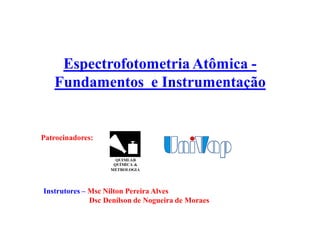 Espectrofotometria Atômica -
   Fundamentos e Instrumentação


Patrocinadores:




Instrutores ± Msc Nilton Pereira Alves
              Dsc Denílson de Nogueira de Moraes
 