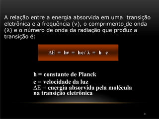 A relação entre a energia absorvida em uma transição
eletrônica e a freqüência (ν), o comprimento de onda
(λ) e o número de onda da radiação que produz a
transição é:
 = hν = hc/ λ = h c
h = constante de Planck
c = velocidade da luz
 = energia absorvida pela molécula
na transição eletrônica
3
 