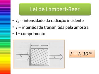 • I0 = intensidade da radiação incidente
• I = intensidade transmitida pela amostra
• l = comprimento
I = I0 10-Ɛlc
Lei de Lambert-Beer
 