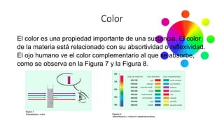 Color
El color es una propiedad importante de una sustancia. El color
de la materia está relacionado con su absortividad o reflexividad.
El ojo humano ve el color complementario al que se absorbe,
como se observa en la Figura 7 y la Figura 8.
 