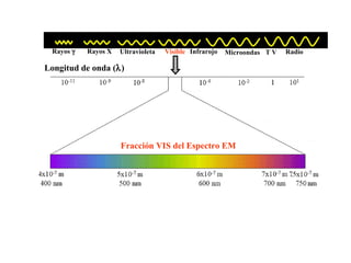 Rayos   Rayos X Ultravioleta Visible Infrarojo Microondas Longitud de onda (  ) Fracción VIS del Espectro EM T V Radio 