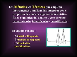 Los  Métodos  y/o  Técnicas  que emplean instrumentos , analizan las muestras con el proposito de conocer alguna característica física o química del analito y esto permite  caracterizarlo ,  identificarlo  o  cuantificarlo . A) Señal  o Respuesta   B) Tiempo de respuesta   C) Resolución (purificación)   El equipo genera : 