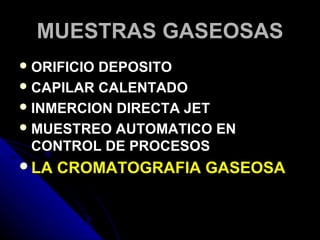 MUESTRAS GASEOSAS
 ORIFICIODEPOSITO
 CAPILAR CALENTADO
 INMERCION DIRECTA JET
 MUESTREO AUTOMATICO EN
  CONTROL DE PROCESOS
LA   CROMATOGRAFIA GASEOSA
 