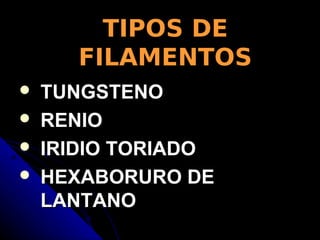 TIPOS DE
       FILAMENTOS
   TUNGSTENO
   RENIO
   IRIDIO TORIADO
   HEXABORURO DE
    LANTANO
 