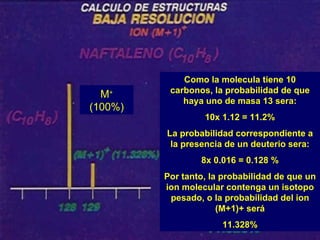 Como la molecula tiene 10
          carbonos, la probabilidad de que
  M+
             haya uno de masa 13 sera:
(100%)
                  10x 1.12 = 11.2%
         La probabilidad correspondiente a
          la presencia de un deuterio sera:
                 8x 0.016 = 0.128 %
         Por tanto, la probabilidad de que un
         ion molecular contenga un isotopo
          pesado, o la probabilidad del ion
                      (M+1)+ será
                      11.328%
 