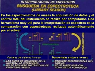 En los espectrometros de masas la adquisición de datos y el
control total del instrumento se realiza por computador. Una
herramienta muy util para la interpretación de espectros es la
comparación con espectrotecas realizada automáticamente
por el sofwer




   Ventajas del sistema inverso   Desventajas sistema inverso
 