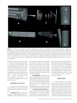 Figura 1 - Técnicas de ionização e tipos de analisadores de massa: A) eletropulverização (ESI), mostrando a agulha de
pulverização, os filtros iniciais que impedem a progressão de partículas não-ionizadas e o início de um sistema de quadripolos;
B) quadripolos em um sistema de triplo quadripolo, esquematizando partículas conduzidas ao detector à esquerda; C) dessorção
a laser (MALDI) ilustrando um pulso de laser incidindo sobre a amostra aplicada na placa retangular e gerando partículas
ionizadas. À esquerda das partículas são mostrados filtros eletrônicos que impedem a passagem de partículas não-ionizadas
para o analisador TOF; D, E e F) analisador tipo TOF no modo refletor (reflectron), apresentando todo o tubo de vácuo com
os íons no início da trajetória (D), a mudança de trajetória no refletor (E) e a chegada ao detector após o refletor – acima, no
tubo estreito (F)

capilar de vidro revestido de metal         las ionizadas e aceleradas são lançadas          te um forte campo eletromagnético.
— submetida a intenso campo elétri-         em um tubo sob vácuo e sem campo                 Diferentemente do quadripolo, nes-
co, o que causa sua ionização. Uma          elétrico para medida do seu tempo                se sistema os íons não são perdidos
corrente de gás inerte flui no sentido      de vôo até um detector. Esse tempo               em sua trajetória rumo ao detector.
contrário ao da pulverização, o que         de vôo é proporcional à massa molar              Ao contrário, eles são aprisionados
causa sua dessolvatação. A proteína,        da molécula. Este analisador é usual-            no compartimento onde existe cam-
já ionizada e no estado gasoso, é           mente associado à dessorção a laser;             po eletromagnético e liberados um a
atraída para dentro do espectrômetro        mas pode também ser utilizado com                um. Esse analisador associa-se tanto
de massa, onde é analisada. O termo         eletropulverização;                              à eletropulverização quanto à
ESI — sigla em inglês para                        • quadripolo, que utiliza a con-           dessorção a laser.
electrospray ionization — é                 dução de moléculas ionizadas entre
comumente empregado para desig-             quatro cilindros metálicos conectados                          APLICAÇÕES
nar tal técnica.                            a fontes de radiofreqüência para fa-
                                            zer que determinados grupos de íons                    A espectrometria de massa é
     Analisadores de massa                  cheguem ao detector. Esse analisador             uma técnica capaz de determinar
                                            geralmente é usado com                           massas molares de forma muito pre-
      Os principais analisadores de         eletropulverização, mas pode estar               cisa em experimentos rápidos (pou-
massa (Figura1) que acompanham              associado também à dessorção a laser.            cos minutos). Essas informações pos-
os sistemas de ionização descritos                • aprisionamento de íons —                 sibilitam a resolução de diversos pro-
são:                                        abrevia-se como IT, sigla em inglês              blemas em química de proteínas, tais
      • tempo de vôo — abrevia-se           para ion trap — em que as molécu-                como: checagem da correção de uma
como TOF, sigla em inglês para time-        las também são conduzidas para den-              seqüência de aminoácidos, identifi-
of-flight — sistema em que molécu-          tro de um compartimento onde exis-               cação de proteínas, determinação da

                                                              Biotecnologia Ciência & Desenvolvimento ano IX - nº 36 - janeiro/junho 2006   41
 