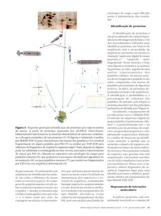 envelopes de carga, o que dificulta
                                                                                         muito a interpretação dos resulta-
                                                                                         dos.

                                                                                             Identificação de proteínas

                                                                                              A identificação de proteínas é
                                                                                         um procedimento de capital impor-
                                                                                         tância na abordagem proteômica. Um
                                                                                         dos procedimentos utilizados para
                                                                                         identificar proteínas em bancos de
                                                                                         seqüências sem a necessidade de
                                                                                         seqüenciar a proteína em estudo é a
                                                                                         chamada “impressão digital do mapa
                                                                                         peptídico”         ( peptide     mass
                                                                                         fingerprint). Nesse método, é feita
                                                                                         uma digestão enzimática ou química
                                                                                         da proteína, in vitro , seguida de uma
                                                                                         análise espectrométrica dos
                                                                                         peptídios obtidos. As massas mola-
                                                                                         res desses fragmentos peptídicos são
                                                                                         então comparadas com massas de
                                                                                         peptídios provenientes de digestões
                                                                                         teóricas, in silico, de proteínas de-
                                                                                         positadas em bancos de seqüências.
                                                                                         A identificação é probabilística e a
                                                                                         porcentagem de cobertura dos
                                                                                         peptídios da amostra com relação à
                                                                                         proteína pareada é um dos principais
                                                                                         parâmetros de identificação (Figura 4).
                                                                                              Geralmente, o equipamento de
                                                                                         escolha nesse caso é o MALDI-TOF.
                                                                                         O método da impressão digital do
                                                                                         mapa peptídico é praticamente infa-
                                                                                         lível — e particularmente útil — na
Figura 4 - Esquema geral para identificação de proteínas por espectrometria              identificação de proteínas de espé-
de massa. A partir de proteínas separadas por 2D-PAGE (eletr oforese                     cies com genomas pequenos e com-
bidimensional) selecionam-se as manchas eletroforéticas de interesse e realizam-         pletamente seqüenciados. Entretan-
se a clivagem enzimática de tais proteínas (1). O digesto é submetido à análise          to, o índice de insucesso na identifi-
por MALDI-TOF (2) para caracterização das massas dos peptídeos (4) e eventual            cação aumenta à medida que se
fragmentação de algum peptídeo por PSD (5) ou análise por TOF-TOF para                   aumenta o número de registros con-
obtenção de fragmentos de seqüência (sequence tags). Outra alíquota do digesto           frontados no banco de dados utiliza-
pode ser submetida à cromatografia em fase reversa associada à espectrometria            do na busca. Para proteínas isoladas
de massa por ESI (3), obtendo-se espectros com envelopes de cargas para                  de espécies cujo genoma não está
peptídeos maiores (6), que podem ter a sua massa calculada por algoritmos de             seqüenciado, é necessário usar ban-
reconstrução (8), ou para peptídeos menores (7), que podem ser fragmentados              cos de dados ampliados (sem restri-
por CID e ter sua seqüência determinada (9).                                             ção taxonômica). Nesse caso, é im-
                                                                                         perativo utilizar fragmentos de se-
da previamente. Os aminoácidos em        dos que utilizam espectrometria de              qüência (sequence tags) para uma
seqüência são identificados levando-     massa incluem a maior facilidade na             identificação mais confiável, geral-
se em conta a diferença de massa         interpretação dos espectros e a ex-             mente obtidos em equipamentos do
entre os sucessivos picos. As vanta-     tensão da seqüência, normalmente                tipo MALDI-TOF-TOF.
gens do seqüenciamento escada so-        bastante superior no seqüenciamento
bre os métodos químicos usuais são       escada. Essa técnica fornece melho-                 Mapeamento de interações
a rapidez — porque economiza uma         res resultados em equipamentos do                        moleculares
corrida cromatográfica em cada ciclo     tipo MALDI, devendo-se evitar
— e o baixo custo por ciclo. As          utilizá-la em equipamentos do tipo                 A palavra proteoma está nor-
vantagens em relação a outros méto-      ESI, pois este produz uma família de            malmente associada ao conjunto de

                                                          Biotecnologia Ciência & Desenvolvimento ano IX - nº 36 - janeiro/junho 2006   45
 