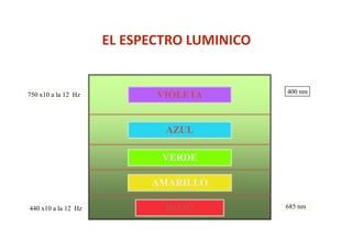 EL ESPECTRO LUMINICO


                                            400 nm
750 x10 a la 12 Hz          VIOLETA


                             AZUL

                             VERDE

                           AMARILLO

440 x10 a la 12 Hz           ROJO           685 nm
 