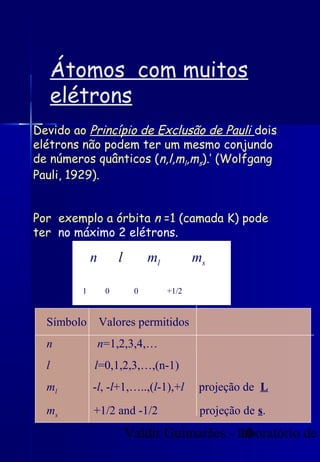 Valdir Guimarães - laboratório de10
Átomos com muitos
elétrons
Devido ao Princípio de Exclusão de Pauli dois
elétrons não podem ter um mesmo conjundo
de números quânticos (n,l,ml,ms).’ (Wolfgang
Pauli, 1929).
Por exemplo a órbita n =1 (camada K) pode
ter no máximo 2 elétrons.
n l ml ms
1 0 0 +1/2
1 0 0 -1/2Símbolo Valores permitidos
n n=1,2,3,4,…
l l=0,1,2,3,…,(n-1)
ml -l, -l+1,…..,(l-1),+l projeção de L
ms +1/2 and -1/2 projeção de s.
 