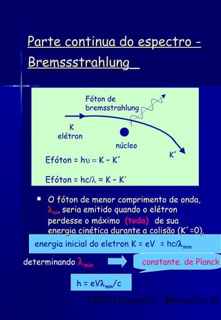 Valdir Guimarães - laboratório de5
 O fóton de menor comprimento de onda,O fóton de menor comprimento de onda,
λmin, seria emitido quando o elétron, seria emitido quando o elétron
perdesse o máximoperdesse o máximo (toda) de suade sua
energia cinética durante a colisão (K´=0).energia cinética durante a colisão (K´=0).
Parte continua do espectro -Parte continua do espectro -
BremssstrahlungBremssstrahlung
K
K
elétron
K´
núcleo
Fóton de
bremsstrahlung
Efóton = hυ = K – K´
Efóton = hc/λ = K – K´
energia inicial do eletron K = eV = hc/λmin
determinando λmin constante. de Planck
h = eVλmin/c
 