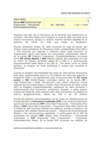 ESPECTRO RADIOELECTRICO

Súper Altas)
                                                                                8
Banda EHF (Extremely High
Frequencies Frecuencias                     30    300 GHz         1 cm   1 mm
Extremadamente Altas)


Mientras más alta sea la frecuencia de la corriente que proporcione un
oscilador, más lejos viajará por el espacio la onda de radio que parte de la
antena transmisora, aunque su alcance máximo también depende de la
potencia    de    salida    en     watt    que    tenga    el   transmisor.

Muchas estaciones locales de radio comercial de todo el mundo aún
utilizan ondas portadoras de frecuencia media, comprendidas entre 500 y
1 700 kilociclos por segundo o kilohertz (kHz), para transmitir su
programación diaria. Esta banda de frecuencias, comprendida dentro
de la banda MF (Medium. Frequencies - Frecuencias Medias), se conoce
como OM (Onda Media) o MW (Medium Wave). Sus longitudes de onda
se miden en metros, partiendo desde los 1 000 m y disminuyendo
progresivamente hasta llegar a los 100 m . Por tanto, como se podrá
apreciar, la longitud de onda disminuye a medida que aumenta la
frecuencia.

Cuando el oscilador del transmisor de ondas de radio genera frecuencias
más altas, comprendidas entre 3 y 30 millones de ciclos por segundo o
megahertz (MHz), nos encontramos ante frecuencias altas de OC (onda
corta) o SW (Short Wave), insertadas dentro de la banda HF (
High Frequencies     Altas. Frecuencias), que cubren distancias mucho
mayores que las ondas largas y medias. Esas frecuencias de ondas cortas
(OC) la emplean, fundamentalmente, estaciones de radio comercial y
gubernamental que transmiten programas dirigidos a otros países.
Cuando las ondas de radio alcanzan esas altas frecuencias, su longitud se
reduce, progresivamente, desde los 100            a los 10 metros.

Dentro del espectro electromagnético de las ondas de radiofrecuencia se
incluye también la frecuencia modulada (FM) y las ondas de televisión,
que ocupan las bandas de VHF (Very High Frequencies Frecuencias Muy
Altas) y UHF (Ultra High Frequencies Frecuencias Ultra Alta). Dentro de
la banda de UHF funcionan también los teléfonos móviles o celulares, los
receptores GPS (Global Positioning System   Sistema de Posicionamiento
Global) y las comunicaciones espaciales. A continuación de la UHF se
encuentran las bandas SHF (Súper High Frequencies           Frecuencias
Superaltas) y EHF (Extremely High. Frequencies              Frecuencias
Extremadamente Altas). En la banda SHF funcionan los satélites de


BEATRIZ ALICIA MARTINEZ GUERRERO C.C. 52.817.693 GRUPO 102
 