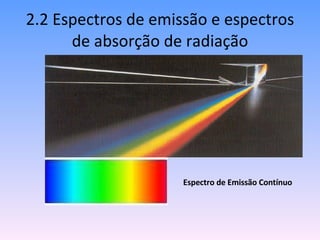 2.2 Espectros de emissão e espectros de absorção de radiação Espectro de Emissão Contínuo 