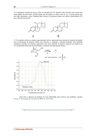1. Análise Orgânica 
90 
10. Conjugação cruzada tem pouco efeito na absorção de UV. Quando você encontrar uma cetona que 
tenha duplas dos dois lados, escolha aquele que dê origem ao maior valor de λmax e calcule apenas por 
este lado, ignorando o outro. Sabendo disto, associe as estruturas abaixo aos valores experimentais 239 
nm e 284 nm (em etanol). 
3,0 λmax 252 nm 
2,5 
2,0 
1,5 
1,0 
0,5 
0,0 
1.3. Espectroscopia no Ultravioleta 
O 
A B 
O 
F 
HO 
11. Um químico efetuou a reação esquematizada abaixo, aquecendo uma mistura do material de partida 
com terc-butóxido de potássio sólido, sem solvente, e coletando o material destilado. Este destilado 
certamente continha terc-butanol, juntamente com outro material. O químico registrou um espectro de 
UV do destilado dissolvido em clorofórmio; o espectro está reproduzido abaixo. 
O 
MsO 
OMs 
Δ 
O 
CH3 S 
O 
KOBu t ? 
Ms: metanossulfonato, 
190 200 210 220 230 240 250 260 270 280 290 300 
-0,5 
Solvente: CHCl3 
Absorbância 
Comprimento de onda, nm 
Qual será a estrutura do produto? Se tiver dificuldade para resolver este problema, consulte 
Asmus, P.; Klessinger, M. Tetrahedron 1974, 30, 2477-2483. 
 