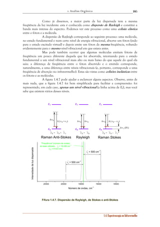 1. Análise Orgânica 
105 
Como já dissemos, a maior parte da luz dispersada tem a mesma 
freqüência da luz incidente: esta é conhecida como dispersão de Rayleigh e constitui a 
banda mais intensa do espectro. Podemos ver este processo como uma colisão elástica 
entre o fóton e a molécula. 
A dispersão de Rayleigh corresponde ao seguinte processo: uma molécula, 
no estado fundamental e num certo nível de energia vibracional, absorve um fóton (indo 
para o estado excitado virtual) e depois emite um fóton da mesma freqüência, voltando 
evidentemente para o mesmo nível vibracional em que estava antes. 
Mas pode também ocorrer que algumas moléculas emitam fótons de 
freqüência um pouco diferente daquela que foi absorvida, retornando para o estado 
fundamental a um nível vibracional mais alto ou mais baixo do que aquele do qual ela 
saiu: a diferença de freqüência entre o fóton absorvido e o emitido corresponde, 
naturalmente, a uma diferença entre níveis vibracionais (e, portanto, corresponde a uma 
freqüência de absorção no infravermelho). Estas são vistas como colisões inelásticas entre 
os fótons e as moléculas. 
A figura 1.4.7 pode ajudar a esclarecer alguns aspectos. Observe, antes de 
mais nada, que a figura 1.4.7 foi bem simplificada para facilitar a compreensão: foi 
representado, em cada caso, apenas um nível vibracional (a linha acima de E0), mas você 
sabe que existem vários desses níveis. 
E1 
E1 
E1 
hν 0 h (ν 0 +ν 1) hν 0 hν 0 hν 0 
h (ν 0 – ν 
1) 
Raman Anti-Stokes Rayleigh Raman Stokes 
20500 20000 19500 19000 18500 
1.4. Espectroscopia no Infravermelho 
E0 
E0 
E0 
ν E ν E = ν 0 + ν 1 = ν 0 ν E = ν 0 – ν 1 
hν 1 (IV) 
ν1 = 500 cm–1 
ν1 = 500 cm–1 
"Freqüência" (número de ondas) 
do laser utilizado, ν0 = 19.436 cm–1 
(λ0 = 514,5 nm) 
Intensidade da luz dispersada 
Número de ondas, cm–1 
Fifura 1.4.7. Dispersão de Rayleigh, de Stokes e anti-Stokes 
 