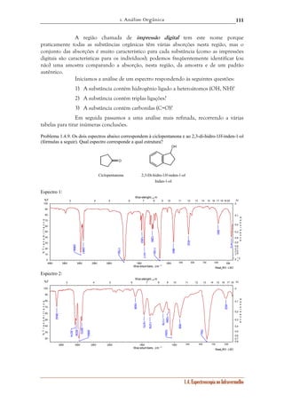 1. Análise Orgânica 
111 
A região chamada de impressão digital tem este nome porque 
praticamente todas as substâncias orgânicas têm várias absorções nesta região, mas o 
conjunto das absorções é muito característico para cada substância (como as impressões 
digitais são características para os indivíduos); podemos freqüentemente identificar (ou 
não) uma amostra comparando a absorção, nesta região, da amostra e de um padrão 
autêntico. 
Iniciamos a análise de um espectro respondendo às seguintes questões: 
1) A substância contém hidrogênio ligado a heteroátomos (OH, NH)? 
2) A substância contém triplas ligações? 
3) A substância contém carbonilas (C=O)? 
Em seguida passamos a uma análise mais refinada, recorrendo a várias 
tabelas para tirar inúmeras conclusões. 
Problema 1.4.9. Os dois espectros abaixo correspondem à ciclopentanona e ao 2,3-di-hidro-1H-inden-1-ol 
(fórmulas a seguir). Qual espectro corresponde a qual estrutura? 
Wav elenght, μm 
3 4 5 6 7 8 9 10 11 12 13 14 15 16 17 18 19 20 
100 
90 
80 
70 
60 
50 
40 
30 
20 
10 
0 2 1∞.5 
Wav elenght, μm 
3 4 5 6 7 8 9 10 11 12 13 14 15 16 17 18 
1.4. Espectroscopia no Infravermelho 
O 
OH 
Ciclopentanona 2,3-Di-hidro-1H-inden-1-ol 
Indan-1-ol 
Espectro 1: 
Read_IR3 - LSO 
0 
0,1 
0,2 
0,3 
0,4 
0,5 
0,6 
0,7 
0,8 
01,9 
4000 3500 3000 2500 2000 1500 1000 900 800 700 600 500 
Wavenumbers, cm -1 
%T 
% T r a n s m i t t a n c e 
Α↓ 
A b s o r b a n c e 
1750 
1280 
1150 
2966 
1453 
1411 
960 
2881 
472 
832 
583 
Espectro 2: 
Read_IR3 - LSO 
100 
90 
80 
70 
60 
50 
40 
30 
20 
0 
0,1 
0,2 
0,3 
0,4 
0,5 
0,6 
0,7 
0,8 
3500 3000 2500 2000 1500 1000 900 800 700 600 
Wavenumbers, cm -1 
%T 
% T r a n s m i t t a n c e 
Α↓ 
A b s o r b a n c e 
750 
2950 
1178 
3074 
1050 
2870 
958 
1378 
1470 
1094 
3642 
1606 
602 
3034 
 