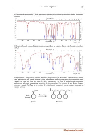 1. Análise Orgânica 
131 
8. Uma substância de fórmula C8H8O apresenta o espectro de infravermelho mostrado abaixo. Deduza sua 
estrutura. 
Wav elenght, μm 
3 4 5 6 7 8 9 10 11 12 13 14 15 16 
Read_IR3 - LSO 
0,1 
0,2 
0,3 
0,4 
0,5 
0,6 
0,7 
0,8 
01,9 
0,1 
0,2 
0,3 
0,4 
0,5 
0,6 
0,7 
0,8 
0,9 
1 
Wav elenght, μm 
3 4 5 6 7 8 9 10 11 12 13 14 15 
1.4. Espectroscopia no Infravermelho 
90 
80 
70 
60 
50 
40 
30 
20 
10 
0 2 1∞.5 
3500 3000 2500 2000 1500 1000 900 800 700 600 
Wavenumbers, cm -1 
%T 
% T r a n s m i t t a n c e 
Α↓ 
A b s o r b a n c e 
1687 
1262 
1359 
755 
689 
1601 
1451 
952 
1024 
1178 
3073 
9. Deduza a fórmula estrutural da substância correspondente ao espectro abaixo, cuja fórmula molecular é 
C8H10O. 
Read_IR3 - LSO 
90 
80 
70 
60 
50 
40 
30 
20 
10 
0 
2 1∞.5 
3500 3000 2500 2000 1500 1000 900 800 700 
Wavenumbers, cm -1 
%T 
% T r a n s m i t t a n c e 
Α↓ 
A b s o r b a n c e 
699 
1175 
1044 
3364 
1492 
1449 
3043 
2948 
2888 
1369 
856 
1600 
747 
1943 
1868 
1804 
1704 
10. Poliestireno é um polímero sintético preparado por polimerização do estireno, como mostrado abaixo. 
Pode apresentar-se em formas diversas, como uma espuma solidificada (conhecida comumente como 
“isopor”) ou como um filme não muito flexível e transparente. Um filme de poliestireno é comumente 
usado como referência para calibrar aparelhos de infravermelho. Um espectro de um desses filmes é 
mostrado a seguir. Verifique se o espectro do poliestireno é compatível com a estrutura mostrada na 
equação química. 
HC 
CH2 CH 
CH2 
CH 
CH2 
CH 
CH2 
Polimerização 
Estireno Poliestireno 
Muitas 
moléculas 
 