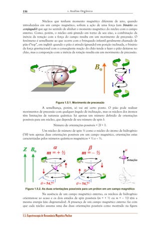 1. Análise Orgânica 
136 
Núcleos que tenham momento magnético diferente de zero, quando 
introduzidos em um campo magnético, sofrem a ação de uma força (um binário ou 
conjugado) que age no sentido de alinhar o momento magnético do núcleo com o campo 
externo. Como, porém, o núcleo está girando em torno de seu eixo, a combinação da 
inércia da rotação com a força do campo resulta em um movimento de precessão. O 
fenômeno é semelhante ao que ocorre com o brinquedo infantil geralmente chamado de 
pião (“top”, em inglês): quando o pião é atirado (girando) em posição inclinada, o binário 
da força gravitacional com a conseqüente reação do chão tende a fazer o pião deitar-se no 
chão, mas a composição com a inércia da rotação resulta em um movimento de precessão. 
Figura 1.5.1. Movimento de precessão 
A semelhança, porém, só vai até certo ponto. O pião pode realizar 
movimentos de precessão com qualquer ângulo de inclinação, mas os núcleos dos átomos 
têm limitações de natureza quântica: há apenas um número definido de orientações 
possíveis para um núcleo, que depende de seu número de spin I: 
Número de orientações possíveis = 2I + 1. 
Um núcleo de número de spin ½ como o núcleo do átomo de hidrogênio 
(1H) tem apenas duas orientações possíveis em um campo magnético, orientações estas 
caracterizadas pelos números quânticos magnéticos + ½ e – ½. 
Figura 1.5.2. As duas orientações possíveis para um próton em um campo magnético 
Na ausência de um campo magnético externo, os núcleos de hidrogênio 
orientam-se ao acaso e os dois estados de spin possíveis (m = + ½ ou m = – ½) têm a 
mesma energia (são degenerados). A presença de um campo magnético externo faz com 
que cada núcleo assuma uma das duas orientações possíveis como mostrado na figura 
1.5. Espectroscopia de Ressonância Magnética Nuclear 
 
