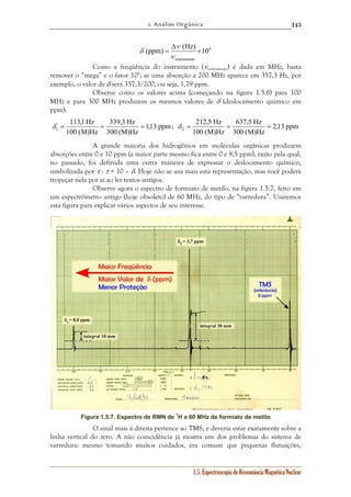 1. Análise Orgânica 
143 
6 
(ppm) (Hz) ×10 
instrumento 
637,5 Hz 
212,5 Hz 
δ = = = ; δ = = = 
2,13 ppm 
1 2 1.5. Espectroscopia de Ressonância Magnética Nuclear 
Δ 
= 
ν 
ν 
δ 
Como a freqüência do instrumento (νinstrumento) é dada em MHz, basta 
remover o “mega” e o fator 106; se uma absorção a 200 MHz aparece em 357,3 Hz, por 
exemplo, o valor de δ será 357,3/200, ou seja, 1,79 ppm. 
Observe como os valores acima (começando na figura 1.5.6) para 100 
MHz e para 300 MHz produzem os mesmos valores de δ (deslocamento químico em 
ppm): 
1,13 ppm 
339,3 Hz 
300 (M)Hz 
113,1Hz 
100 (M)Hz 
300 (M)Hz 
100 (M)Hz 
A grande maioria dos hidrogênios em moléculas orgânicas produzem 
absorções entre 0 e 10 ppm (a maior parte mesmo fica entre 0 e 8,5 ppm), razão pela qual, 
no passado, foi definida uma outra maneira de expressar o deslocamento químico, 
simbolizada por τ : τ = 10 – δ. Hoje não se usa mais esta representação, mas você poderá 
tropeçar nela por aí ao ler textos antigos. 
Observe agora o espectro de formiato de metilo, na figura 1.5.7, feito em 
um espectrômetro antigo (hoje obsoleto) de 60 MHz, do tipo de “varredura”. Usaremos 
esta figura para explicar vários aspectos de seu interesse. 
Figura 1.5.7. Espectro de RMN de 1H a 60 MHz de formiato de metilo 
O sinal mais à direita pertence ao TMS, e deveria estar exatamente sobre a 
linha vertical do zero. A não coincidência já mostra um dos problemas do sistema de 
varredura: mesmo tomando muitos cuidados, era comum que pequenas flutuações, 
 