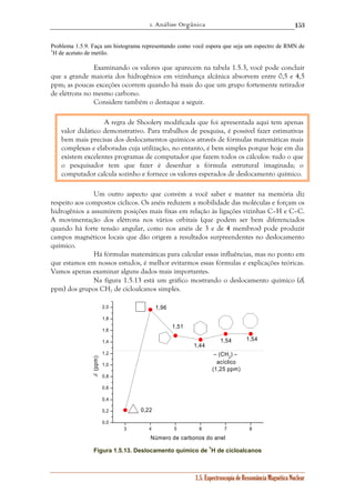 1. Análise Orgânica 
153 
Problema 1.5.9. Faça um histograma representando como você espera que seja um espectro de RMN de 
1H de acetato de metilo. 
Examinando os valores que aparecem na tabela 1.5.3, você pode concluir 
que a grande maioria dos hidrogênios em vizinhança alcânica absorvem entre 0,5 e 4,5 
ppm; as poucas exceções ocorrem quando há mais do que um grupo fortemente retirador 
de elétrons no mesmo carbono. 
Considere também o destaque a seguir. 
A regra de Shoolery modificada que foi apresentada aqui tem apenas 
valor didático demonstrativo. Para trabalhos de pesquisa, é possível fazer estimativas 
bem mais precisas dos deslocamentos químicos através de fórmulas matemáticas mais 
complexas e elaboradas cuja utilização, no entanto, é bem simples porque hoje em dia 
existem excelentes programas de computador que fazem todos os cálculos: tudo o que 
o pesquisador tem que fazer é desenhar a fórmula estrutural imaginada; o 
computador calcula sozinho e fornece os valores esperados de deslocamento químico. 
Um outro aspecto que convém a você saber e manter na memória diz 
respeito aos compostos cíclicos. Os anéis reduzem a mobilidade das moléculas e forçam os 
hidrogênios a assumirem posições mais fixas em relação às ligações vizinhas C–H e C–C. 
A movimentação dos elétrons nos vários orbitais (que podem ser bem diferenciados 
quando há forte tensão angular, como nos anéis de 3 e de 4 membros) pode produzir 
campos magnéticos locais que dão origem a resultados surpreendentes no deslocamento 
químico. 
Há fórmulas matemáticas para calcular essas influências, mas no ponto em 
que estamos em nossos estudos, é melhor evitarmos essas fórmulas e explicações teóricas. 
Vamos apenas examinar alguns dados mais importantes. 
Na figura 1.5.13 está um gráfico mostrando o deslocamento químico (δ, 
1.5. Espectroscopia de Ressonância Magnética Nuclear 
ppm) dos grupos CH2 de cicloalcanos simples. 
3 4 5 6 7 8 
2,0 
1,8 
1,6 
1,4 
1,2 
1,0 
0,8 
0,6 
0,4 
0,2 
0,0 
1,54 1,54 
1,44 
1,51 
1,96 
0,22 
– (CH2) – 
acíclico 
(1,25 ppm) 
δ (ppm) 
Número de carbonos do anel 
Figura 1.5.13. Deslocamento químico de 1H de cicloalcanos 
 