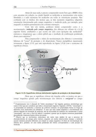 1. Análise Orgânica 
156 
Antes de mais nada, é preciso compreender muito bem que a RMN é feita 
com amostras em solução: no estado líquido as moléculas se movimentam com muita 
liberdade e a todo momento há moléculas em todas as orientações possíveis. Não 
confunda com os núcleos dos átomos que, se têm momento magnético, adquirem 
orientações determinadas pelo campo magnético: a molécula pode, por exemplo, girar 
enquanto os núcleos permanecem com a mesma orientação. 
Com isto em mente, podemos tentar compreender como é a 
movimentação, induzida pelo campo magnético, dos elétrons em orbitais σ e π da 
seguinte forma: analisamos o que ocorre em dois casos (posições das moléculas)65 
extremos e imaginamos que o efeito global seja o resultado da combinação ponderada 
desses casos extremos.66 
Para compreender o efeito da movimentação dos elétrons é conveniente 
falarmos de “cones” de proteção e de desproteção. Vamos exemplificar examinando 
novamente a figura 1.5.5, que está reproduzida na figura 1.5.16 com o acréscimo de 
superfícies cônicas. 
Figura 1.5.16. Superfícies cônicas delimitando regiões de proteção e de desproteção 
Note que as superfícies cônicas são traçadas sobre os pontos em que o 
campo magnético gerado pela movimentação dos elétrons é ortogonal ao campo 
65 Freqüentemente isto é chamado de “efeito anisotrópico” das ligações químicas, terminologia que 
vamos evitar aqui por considerar que induz a interpretação enganosa. Segundo a IUPAC, “anisotropia” é 
“a propriedade de moléculas e materiais de exibirem variações em propriedades físicas ao longo de 
diferentes eixos moleculares da substância”. É claro que num campo magnético a movimentação dos 
elétrons depende da orientação da molécula; não há necessidade de enfatizar isto introduzindo o termo 
“anisotropia”, que corre o risco de induzir o estudante a pensar que há alguma misteriosa propriedade 
desconhecida, responsável pelos efeitos em estudo. 
66 Observe que os movimentos moleculares são muito mais rápidos do que o processo de 
absorção/emissão de energia pelos núcleos; enquanto um núcleo absorve/emite energia, a molécula 
assume inúmeras posições diferentes em relação ao campo magnético. O efeito da movimentação dos 
elétrons deve, portanto, ser uma média ponderada dos efeitos correspondentes a cada posição da 
molécula. 
1.5. Espectroscopia de Ressonância Magnética Nuclear 
 