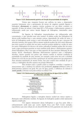 1. Análise Orgânica 
162 
O C C H C O C H C C O H 
δ ≈ 1,2 δ ≈ 3,3 δ = 0,5 a 5,5! 
Figura 1.5.23. Deslocamento químico em função da proximidade do oxigênio 
Vemos que, enquanto houver um carbono no meio, a desproteção 
aumenta fortemente com a aproximação do átomo de oxigênio; quando ligamos o 
hidrogênio diretamente ao oxigênio, porém, podemos ter um efeito contrário ao 
esperado. A faixa de valores é bem larga (0,5 a 5,5) porque o deslocamento químico é 
influenciado ainda por outros fatores (ligação de hidrogênio, intercâmbio entre 
moléculas). 
As ligações de hidrogênio intermoleculares são influenciadas pela 
concentração, o que introduz mais uma variável. A relativa acidez dos hidrogênios de 
álcoois pode também levar a uma situação curiosa: dependendo da acidez do meio, a 
troca de hidrogênios pode ocorrer a uma velocidade bem maior do que o processo de 
absorção/emissão; dois grupos OH na mesma molécula podem dar dois sinais diferentes 
(em meio neutro) ou podem dar um único sinal (na posição média) se a acidez do meio 
for maior. Hidrogênios de álcoois e de ácidos carboxílicos também podem dar um único 
sinal; a água porventura presente no meio também pode alterar o deslocamento químico 
desses hidrogênios. Não é raro que, ao fazer espectros de duas amostras diferentes de um 
mesmo álcool, obtenhamos diferentes deslocamentos químicos para o hidrogênio 
alcoólico, mesmo quando nos parece que estamos usando as mesmas condições (a 
quantidade de umidade de uma amostra, por exemplo, pode variar até com a umidade 
relativa do ar do dia em que foi feita a preparação da amostra; parece-nos que preparamos 
duas amostras exatamente da mesma forma, mas uma contém mais umidade do que a 
outra, e o hidrogênio alcoólico aparece em posição diferente). 
Para mostrar como o quadro pode se complicar, considere o seguinte: já 
mencionamos que a mudança de solvente tem geralmente pequena influência sobre os 
deslocamentos químicos em geral. No caso da água, porém, a influência do solvente é 
muito grande, conforme você pode verificar na tabela 1.5.6. 
Tabela 1.5.6. Deslocamento químico dos hidrogênios da água (H2O ou DHO) 
em diferentes solventes 
Solvente δ (ppm) 
Clorofórmio (CDCl3) 1,58 
Benzeno (C6D6) 0,44 
Acetonitrila (CD3CN) 2,2 
Acetona [(CD3)2CO] 2,8 
Dimetil sulfóxido [(CD3)2SO] 3,7 
Metanol (CD3OD) 4,8 
Diclorometano (CD2Cl2) 1,5 
Piridina-d5 4,9 
Água (D2O) 4,8 
Hidrogênios ligados a nitrogênio (menos ácidos) são menos sujeitos a 
flutuações entre diferentes medidas. As ligações de hidrogênio podem ainda representar 
alguma complicação. 
Um aspecto interessante desses hidrogênios é que boa parte deles é 
suficientemente ácida para que ocorra rápida troca com D2O. Como exemplo, 
suponhamos que uma solução de um álcool R–OH em CCl4 apresente um sinal em 2,3 
1.5. Espectroscopia de Ressonância Magnética Nuclear 
 
