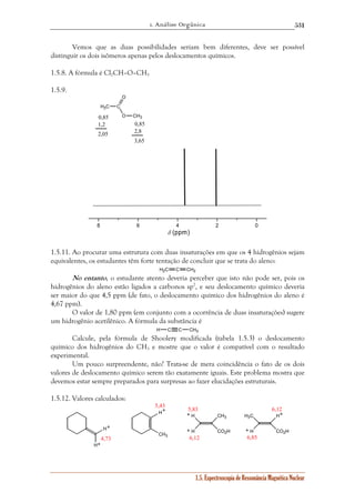 1. Análise Orgânica 
531 
Vemos que as duas possibilidades seriam bem diferentes, deve ser possível 
distinguir os dois isômeros apenas pelos deslocamentos químicos. 
1.5. Espectroscopia de Ressonância Magnética Nuclear 
1.5.8. A fórmula é Cl2CH–O–CH3 
1.5.9. 
H3C C 
O 
O CH3 
0,85 
1,2 
2,05 
0,85 
2,8 
3,65 
8 6 4 2 0 
δ (ppm) 
1.5.11. Ao procurar uma estrutura com duas insaturações em que os 4 hidrogênios sejam 
equivalentes, os estudantes têm forte tentação de concluir que se trata do aleno: 
H2C C CH2 
No entanto, o estudante atento deveria perceber que isto não pode ser, pois os 
hidrogênios do aleno estão ligados a carbonos sp2, e seu deslocamento químico deveria 
ser maior do que 4,5 ppm (de fato, o deslocamento químico dos hidrogênios do aleno é 
4,67 ppm). 
O valor de 1,80 ppm (em conjunto com a ocorrência de duas insaturações) sugere 
um hidrogênio acetilênico. A fórmula da substância é 
C C CH3 
H 
Calcule, pela fórmula de Shoolery modificada (tabela 1.5.3) o deslocamento 
químico dos hidrogênios do CH3 e mostre que o valor é compatível com o resultado 
experimental. 
Um pouco surpreendente, não? Trata-se de mera coincidência o fato de os dois 
valores de deslocamento químico serem tão exatamente iguais. Este problema mostra que 
devemos estar sempre preparados para surpresas ao fazer elucidações estruturais. 
1.5.12. Valores calculados: 
H 
H 
H 
CH3 
H 
H 
CH3 
CO2H 
H3C 
H 
H 
CO2H * 
* 
* 
* 
* * 
* 
4,73 
5,43 5,83 
6,12 
6,12 
6,85 
 