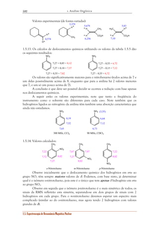1. Análise Orgânica 
532 
Valores experimentais (de fontes variadas): 
H 
H 
H 
CH3 
7,22 7,67 7,97 
7,22 
7,72 8,02 
7,27 
7,27 
1.5. Espectroscopia de Ressonância Magnética Nuclear 
H 
H 
CH3 
CO2H 
H3C 
H 
H 
CO2H * 
* 
* 
* 
* * 
* 
4,574 
5,379 5,679 
6,256 
5,83 
7,10 
1.5.13. Os cálculos de deslocamentos químicos utilizando os valores da tabela 1.5.5 dão 
os seguintes resultados: 
NO2 NH2 
7,27 + 0,85 = 8,12 
7,27 + 0,10 = 7,37 
7,27 – 0,55 = 6,72 
7,27 – 0,15 = 7,12 
7,27 + 0,55 = 7,82 7,27 – 0,55 = 6,72 
Os valores são significativamente maiores para o nitrobenzeno (todos acima de 7 e 
um deles possivelmente acima de 8, enquanto que para a anilina há 2 valores menores 
que 7, e um só um pouco acima de 7). 
A conclusão é que deve ser possível decidir se ocorreu a redução com base apenas 
nos deslocamentos químicos. 
A seguir estão os valores experimentais; note que tanto a freqüência do 
instrumento como o solvente são diferentes para cada caso. Note também que os 
hidrogênios ligados ao nitrogênio da anilina têm também uma absorção característica que 
ainda não estudamos. 
NO2 NH2 
8,19 
7,52 
7,65 6,73 
(3,55) 
6,64 
7,12 
300 MHz, CCl4 90 MHz, CDCl3 
1.5.14. Valores calculados: 
CH3 
NO2 
CH3 CH3 
NO2 
NO2 
8,02 
8,02 
o-Nitrotolueno m-Nitrotolueno p-Nitrotolueno 
Observe inicialmente que o deslocamento químico dos hidrogênios em orto ao 
grupo NO2 têm sempre maiores valores de δ. Podemos, com base nisto, já determinar 
qual é o isômero o-nitrotolueno, pois este é o único que tem apenas 1 hidrogênio em orto 
ao grupo NO2. 
Observe em seguida que o isômero p-nitrotolueno é o mais simétrico de todos; os 
sinais da RMN refletirão esta simetria, separando-se em dois grupos de sinais com 2 
hidrogênios em cada grupo. Para o m-nitrotolueno devemos esperar um espectro mais 
complicado (similar ao do o-nitrotolueno, mas agora tendo 2 hidrogênios com valores 
grandes de δ). 
 