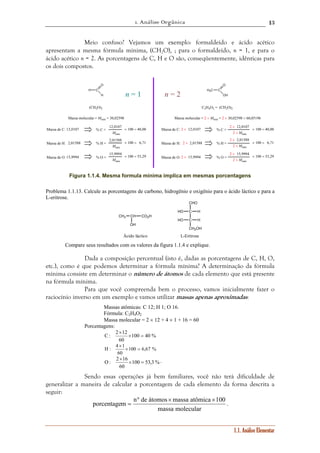 1. Análise Orgânica 
13 
Meio confuso? Vejamos um exemplo: formaldeído e ácido acético 
apresentam a mesma fórmula mínima, (CH2O)n ; para o formaldeído, n = 1, e para o 
ácido acético n = 2. As porcentagens de C, H e O são, conseqüentemente, idênticas para 
os dois compostos. 
1.1. Análise Elementar 
H C 
O 
H 
H3C C 
O 
OH 
(CH2O)1 C2H4O2 = (CH2O)2 
Massa molecular = Mmin = 30,02598 Massa molecular = 2 × Mmin = 2 × 30,02598 = 60,05196 
Massa de C: 
Massa de H: 
Massa de O: 
12,0107 
2,01588 
15,9994 
% C = 
% H = 
% O = 
12,0107 
Mmin 
× 100 = 40,00 
2,01588 
Mmin 
× 100 = 6,71 
15,9994 
Mmin 
× 100 = 53,29 
Massa de C: 
Massa de H: 
Massa de O: 
2 × 12,0107 
2 × 2,01588 
2 × 15,9994 
% C = 
% H = 
% O = 
2 × 12,0107 
2 × Mmin 
× 100 = 40,00 
× 100 = 6,71 
× 100 = 53,29 
2 × 2,01588 
2 × Mmin 
2 × 15,9994 
2 × Mmin 
n = 1 n = 2 
Figura 1.1.4. Mesma formula mínima implica em mesmas porcentagens 
Problema 1.1.13. Calcule as porcentagens de carbono, hidrogênio e oxigênio para o ácido láctico e para a 
L-eritrose. 
CH3 CH CO2H 
OH 
CHO 
HO C H 
HO C H 
CH2OH 
Ácido láctico L-Eritrose 
Compare seus resultados com os valores da figura 1.1.4 e explique. 
Dada a composição percentual (isto é, dadas as porcentagens de C, H, O, 
etc.), como é que podemos determinar a fórmula mínima? A determinação da fórmula 
mínima consiste em determinar o número de átomos de cada elemento que está presente 
na fórmula mínima. 
Para que você compreenda bem o processo, vamos inicialmente fazer o 
raciocínio inverso em um exemplo e vamos utilizar massas apenas aproximadas: 
Massas atômicas: C 12; H 1; O 16. 
Fórmula: C2 
H4O2 
Massa molecular = 2 × 12 + 4 × 1 + 16 = 60 
Porcentagens: 
C : 2 12 × = 
100 40 % 
× 
60 
H : 4 1 × = 
100 6,67 % 
× 
60 
O: 2 16 × = 
× . 
100 53,3% 
60 
Sendo essas operações já bem familiares, você não terá dificuldade de 
generalizar a maneira de calcular a porcentagem de cada elemento da forma descrita a 
seguir: 
° porcentagem n de átomos × massa atômica × 
100 
= . 
massa molecular 
 