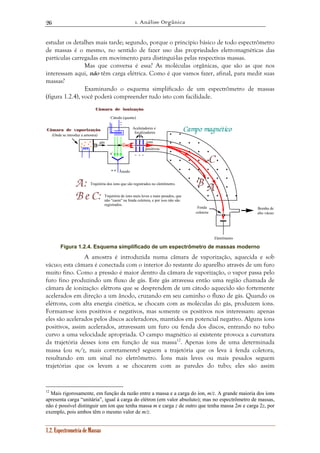 1. Análise Orgânica 
26 
estudar os detalhes mais tarde; segundo, porque o princípio básico de todo espectrômetro 
de massas é o mesmo, no sentido de fazer uso das propriedades eletromagnéticas das 
partículas carregadas em movimento para distinguí-las pelas respectivas massas. 
Mas que conversa é essa? As moléculas orgânicas, que são as que nos 
interessam aqui, não têm carga elétrica. Como é que vamos fazer, afinal, para medir suas 
massas? 
Examinando o esquema simplificado de um espectrômetro de massas 
(figura 1.2.4), você poderá compreender tudo isto com facilidade. 
Câmara de ionização 
Aceleradores e 
focalizadores 
gás íons 
1.2. Espectrometria de Massas 
C 
B A 
A: 
B e C: 
Campo magnético 
Eletrômetro 
Cátodo (quente) 
e– 
Ânodo 
positivos 
Câmara de vaporização 
Bomba de 
alto vácuo 
Fenda 
coletora 
(Onde se introduz a amostra) 
Trajetória dos íons que são registrados no eletrômetro. 
Trajetória de íons mais leves e mais pesados, que 
não "caem" na fenda coletora, e por isso não são 
registrados. 
Figura 1.2.4. Esquema simplificado de um espectrômetro de massas moderno 
A amostra é introduzida numa câmara de vaporização, aquecida e sob 
vácuo; esta câmara é conectada com o interior do restante do aparelho através de um furo 
muito fino. Como a pressão é maior dentro da câmara de vaporização, o vapor passa pelo 
furo fino produzindo um fluxo de gás. Este gás atravessa então uma região chamada de 
câmara de ionização: elétrons que se desprendem de um cátodo aquecido são fortemente 
acelerados em direção a um ânodo, cruzando em seu caminho o fluxo de gás. Quando os 
elétrons, com alta energia cinética, se chocam com as moléculas do gás, produzem íons. 
Formam-se íons positivos e negativos, mas somente os positivos nos interessam: apenas 
eles são acelerados pelos discos aceleradores, mantidos em potencial negativo. Alguns íons 
positivos, assim acelerados, atravessam um furo ou fenda dos discos, entrando no tubo 
curvo a uma velocidade apropriada. O campo magnético aí existente provoca a curvatura 
da trajetória desses íons em função de sua massa12. Apenas íons de uma determinada 
massa (ou m/z, mais corretamente) seguem a trajetória que os leva à fenda coletora, 
resultando em um sinal no eletrômetro. Íons mais leves ou mais pesados seguem 
trajetórias que os levam a se chocarem com as paredes do tubo; eles são assim 
12 Mais rigorosamente, em função da razão entre a massa e a carga do íon, m/z. A grande maioria dos íons 
apresenta carga “unitária”, igual à carga do elétron (em valor absoluto); mas no espectrômetro de massas, 
não é possível distinguir um íon que tenha massa m e carga z de outro que tenha massa 2m e carga 2z, por 
exemplo, pois ambos têm o mesmo valor de m/z. 
 