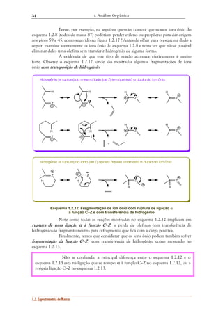 1. Análise Orgânica 
54 
Pense, por exemplo, na seguinte questão: como é que nossos íons ônio do 
esquema 1.2.8 (todos de massa 87) poderiam perder etileno ou propileno para dar origem 
aos picos 59 e 45, como sugerido na figura 1.2.17 ? Antes de olhar para o esquema dado a 
seguir, examine atentamente os íons ônio do esquema 1.2.8 e tente ver que não é possível 
eliminar deles uma olefina sem transferir hidrogênio de alguma forma. 
A evidência de que este tipo de reação acontece efetivamente é muito 
forte. Observe o esquema 1.2.12, onde são mostradas algumas fragmentações de íons 
ônio com transposição de hidrogênio. 
Hidrogênio (e ruptura) do mesmo lado (de Z) em que está a dupla do íon ônio 
H 
Z 
H 
Z 
1.2. Espectrometria de Massas 
H H 
Z 
Z 
H 
Z 
H 
Z 
H 
Z 
H 
Z 
Z 
Z 
H H 
Z Z 
H H 
+ 
Hidrogênio (e ruptura) do lado (de Z) oposto àquele onde está a dupla do íon ônio 
Esquema 1.2.12. Fragmentação de íon ônio com ruptura de ligação α 
à função C–Z e com transferência de hidrogênio 
Note como todas as reações mostradas no esquema 1.2.12 implicam em 
ruptura de uma ligação α à função C–Z e perda de olefinas com transferência de 
hidrogênio do fragmento neutro para o fragmento que fica com a carga positiva. 
Finalmente, temos que considerar que os íons ônio podem também sofrer 
fragmentação da ligação C–Z com transferência de hidrogênio, como mostrado no 
esquema 1.2.13. 
Não se confunda: a principal diferença entre o esquema 1.2.12 e o 
esquema 1.2.13 está na ligação que se rompe: α à função C–Z no esquema 1.2.12, ou a 
própria ligação C–Z no esquema 1.2.13. 
 