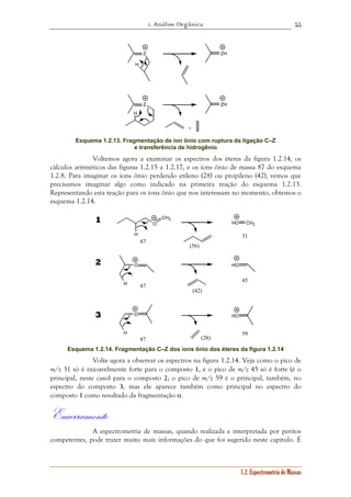 1. Análise Orgânica 
55 
1.2. Espectrometria de Massas 
Z 
H 
ZH 
Z ZH 
H 
+ 
Esquema 1.2.13. Fragmentação de íon ônio com ruptura da ligação C–Z 
e transferência de hidrogênio 
Voltemos agora a examinar os espectros dos éteres da figura 1.2.14, os 
cálculos aritméticos das figuras 1.2.15 a 1.2.17, e os íons ônio de massa 87 do esquema 
1.2.8. Para imaginar os íons ônio perdendo etileno (28) ou propileno (42), vemos que 
precisamos imaginar algo como indicado na primeira reação do esquema 1.2.13. 
Representando esta reação para os íons ônio que nos interessam no momento, obtemos o 
esquema 1.2.14. 
O 
H 
CH2 
H 
O 
H 
O 
HO CH2 
HO 
HO 
1 
2 
3 
87 
87 
87 
31 
45 
59 
(56) 
(42) 
(28) 
Esquema 1.2.14. Fragmentação C–Z dos ions ônio dos éteres da figura 1.2.14 
Volte agora a observar os espectros na figura 1.2.14. Veja como o pico de 
m/z 31 só é razoavelmente forte para o composto 1, e o pico de m/z 45 só é forte (é o 
principal, neste caso) para o composto 2; o pico de m/z 59 é o principal, também, no 
espectro do composto 3, mas ele aparece também como principal no espectro do 
composto 1 como resultado da fragmentação α. 
Encerramento 
A espectrometria de massas, quando realizada e interpretada por peritos 
competentes, pode trazer muito mais informações do que foi sugerido neste capítulo. É 
 