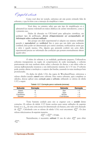 1. Análise Orgânica 
86 
O papel do solvente 
Como você deve ter notado, estivemos até este ponto evitando falar de 
solventes, o que foi feito com a intenção de simplificar o texto. 
O efeito do solvente é, na realidade, geralmente pequeno. Utilizando-se 
solventes transparentes na região de comprimentos de onda investigada, o solvente 
praticamente não tem nenhum efeito sobre a absorção de dienos, e seu efeito sobre as 
cetonas α,β-insaturadas resume-se a um deslocamento máximo de ≈ 11 nm. O solvente 
pode, porém, alterar a resolução e o aspecto das bandas, causando às vezes mudanças bem 
pronunciadas. 
Os dados da tabela 1.3.6, das regras de Woodward-Fieser, referem-se a 
valores obtidos usando etanol como solvente. Para outros solventes, após completar os 
cálculos, deve-se aplicar uma correção para o solvente, utilizando os valores da tabela 
1.3.7, a seguir. 
Tabela 1.3.7. Correção para o solvente (enonas) 
Solvente Correção Solvente Correção 
Etanol 0 Éter + 7 
Metanol 0 Água – 8 
Clorofórmio + 1 Hexano + 11 
Dioxano + 5 Ciclo-hexano + 11 
Tome bastante cuidado para não se enganar com o sentido destas 
correções. Os valores da tabela 1.3.7 foram escritos para serem utilizados da seguinte 
forma: se o λmax de uma certa enona for determinado em hexano, este valor será chamado 
de hexano 
max λ . Calculando com os valores da tabela 1.3.6, você encontrará etanol 
max λ . Os dois 
valores relacionam-se da seguinte maneira: 
1.3. Espectroscopia no Ultravioleta 
λ etanol 
= λ hexano + 11 nm 
max max 
. 
Naturalmente, é necessário subtrair 11 nm do valor etanol 
max λ para obter 
hexano 
max λ . 
Você deve, no entanto, saber que este tipo de simplificação só é 
admissível (ou mesmo tolerável) em textos didáticos de caráter introdutório, como é 
o presente caso. 
Dados de absorção no UV/visível para aplicações científicas, em 
qualquer tipo de publicação, devem obrigatoriamente ser acompanhados de 
informação sobre o solvente utilizado. 
Isto porque um dado experimental só adquire sua máxima utilidade 
quando é reprodutível, ou verificável. Isto é, para que um dado seja realmente 
confiável, deve poder ser determinado por outros cientistas, verificando-se assim que 
o valor é aquele mesmo. Ora, alguém que pretenda conferir um certo dado 
experimental precisa ser informado das condições que possam eventualmente alterar 
aquele valor. 
 
