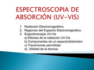 1. Radiación Electromagnética
2. Regiones del Espectro Electromagnético
3. Espectroscopia UV-Vis
   a) Efectos de la radiación UV-Vis
   b) Componentes de un espectrofotómetro
   c) Transiciones permitidas
   d) Utilidad de la técnica
 