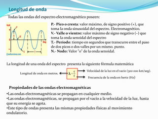 Longitud de onda
Todas las ondas del espectro electromagnético poseen:
                             P.- Pico o cresta: valor máximo, de signo positivo (+), que
                             toma la onda sinusoidal del espectro. Electromagnético.
                             V.- Valle o vientre: valor máximo de signo negativo (–) que
                             toma la onda senoidal del espectro
                             T.- Período: tiempo en segundos que transcurre entre el paso
                             de dos picos o dos valles por un mismo. punto.
                             N.- Nodo: Valor "0" de la onda senoidal.


La longitud de una onda del espectro presenta la siguiente fórmula matemática
                                                  Velocidad de la luz en el vacío (300 000 km/seg).
        Longitud de onda en metros.
                                                   Frecuencia de la onda en hertz (Hz)


 Propiedades de las ondas electromagnéticas
•Las ondas electromagnéticas se propagan en cualquier medio.
•Las ondas electromagnéticas, se propagan por el vacío a la velocidad de la luz, hasta
que su energía se agota.
•Este tipo de ondas presenta las mismas propiedades físicas al movimiento
ondulatorio.
 